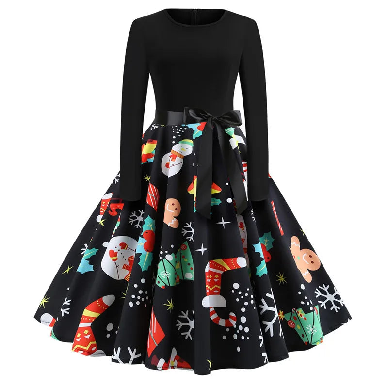 Vestidos de Navidad Mujer 50S 60S Vintage Swing Elegante Vestido de fiesta Manga larga Estampado casual Negro