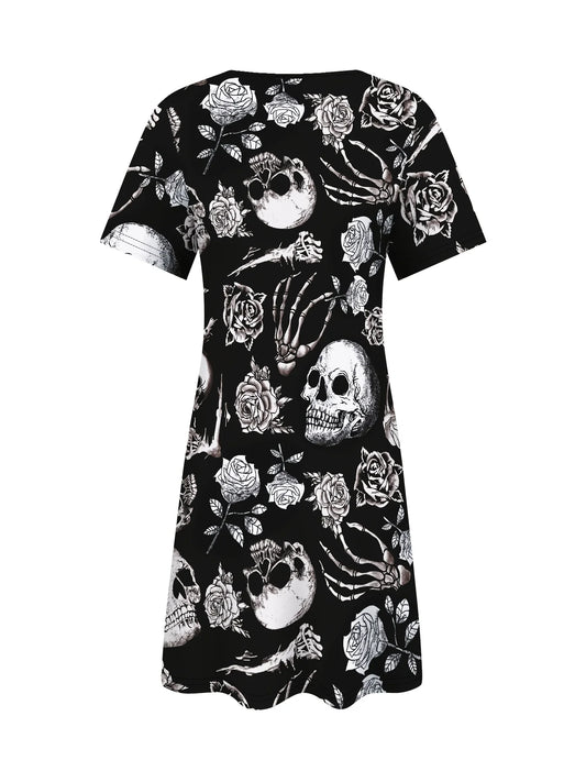 Vestido Gótico de Calaveras para Mujer – Estilo Halloween & Día de los Muertos