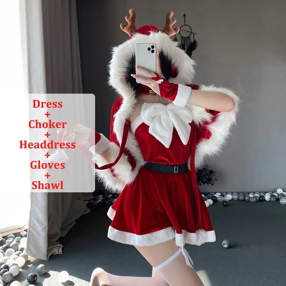 Nueva moda vestido de Navidad de terciopelo rojo disfraz Favor Navidad abrigo de Papá Noel fiesta de carnaval traje de Cosplay fiesta de vacaciones