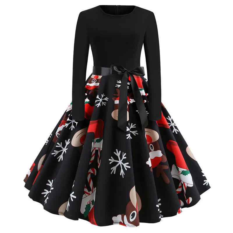 Vestidos de Navidad Mujer 50S 60S Vintage Swing Elegante Vestido de fiesta Manga larga Estampado casual Negro