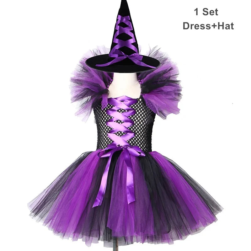 🧙‍♀️ Disfraz de Bruja para Niñas – Vestido de Tul con Sombrero
