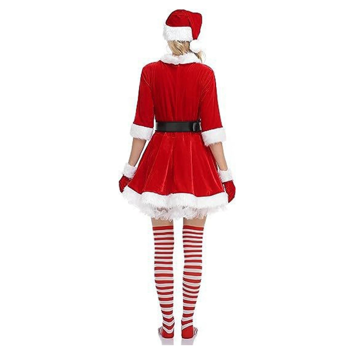 Vestido de Navidad para adultos Vestido de Navidad de terciopelo rojo Disfraz festivo/traje de fiesta (vestido de mujer + sombrero + guantes + calcetines + cinturón)