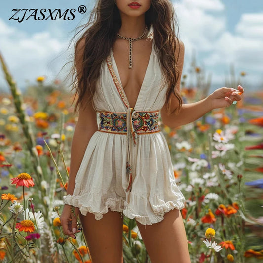 Vestidos sexis con escote en V profundo, Vestidos de fiesta huecos para mujer, Vestido corto con volantes estampado de primavera, Mini vestido sin mangas de verano