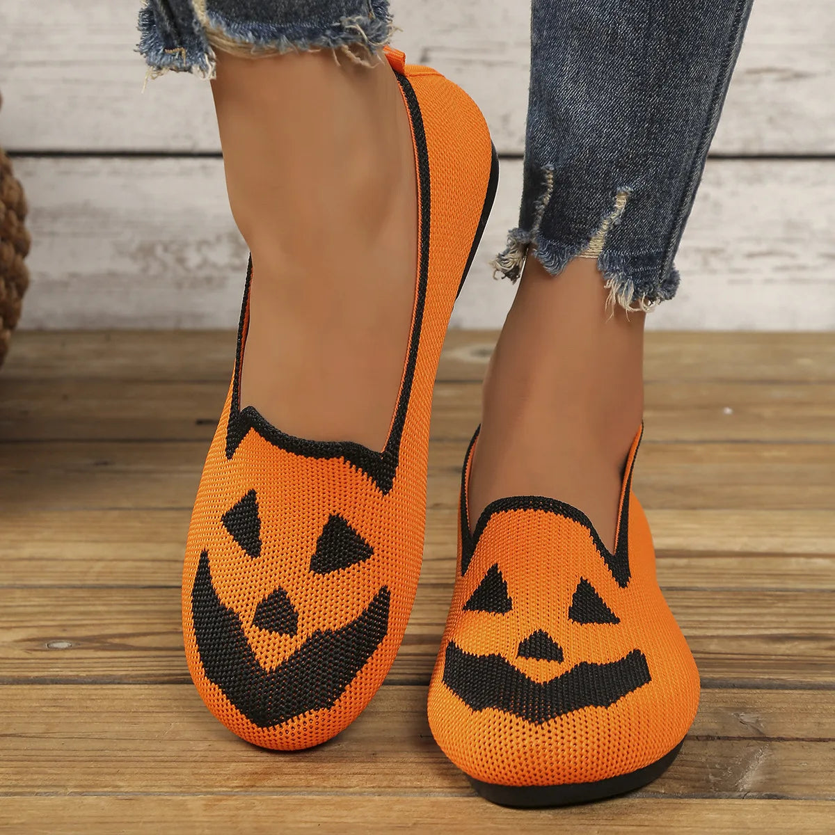 Women's Halloween Pumpkin Print Breathable Slip-On Flats
