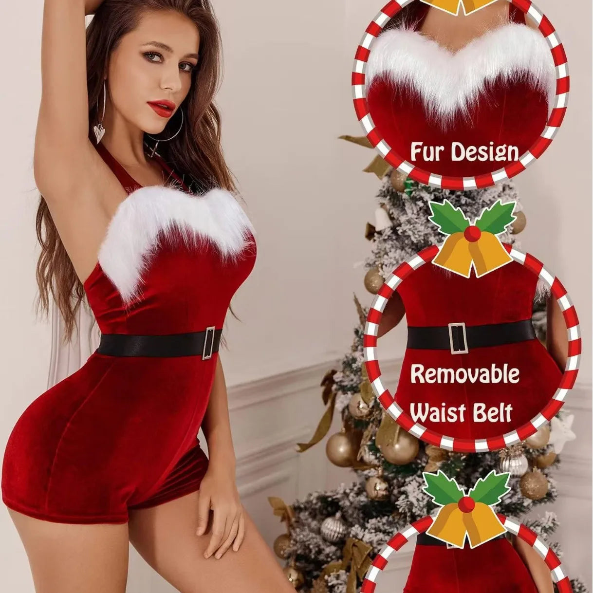 Vestido de terciopelo rojo, trajes de Navidad para mujer, uniforme de Papá Noel, Cosplay, lencería Sexy de Navidad, ropa interior, disfraz de Año Nuevo