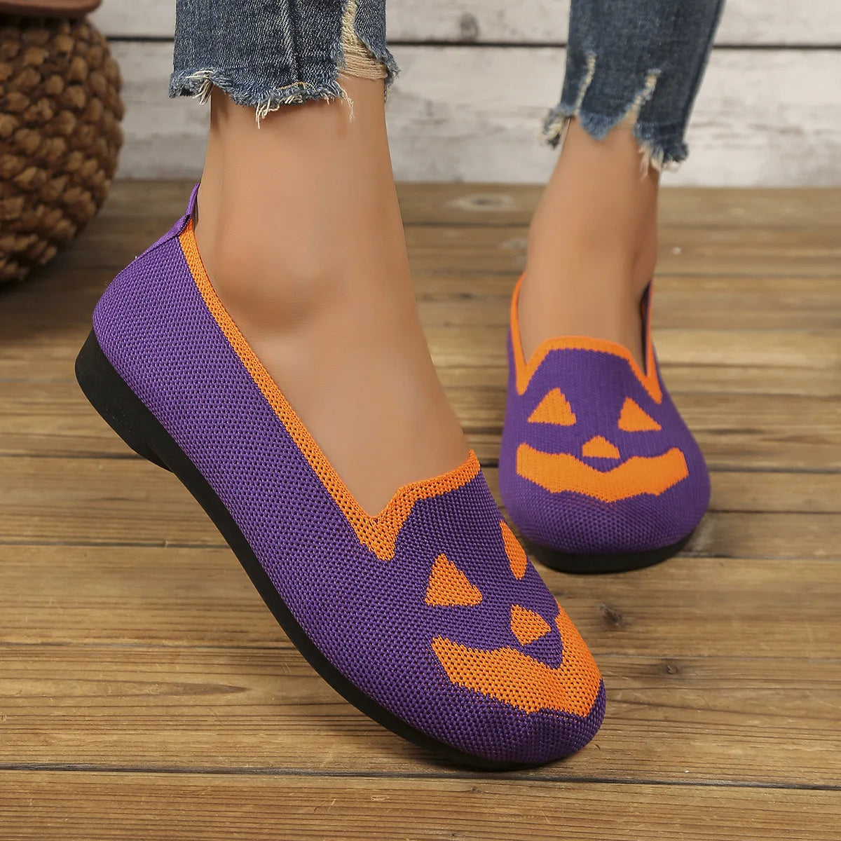 Women's Halloween Pumpkin Print Breathable Slip-On Flats