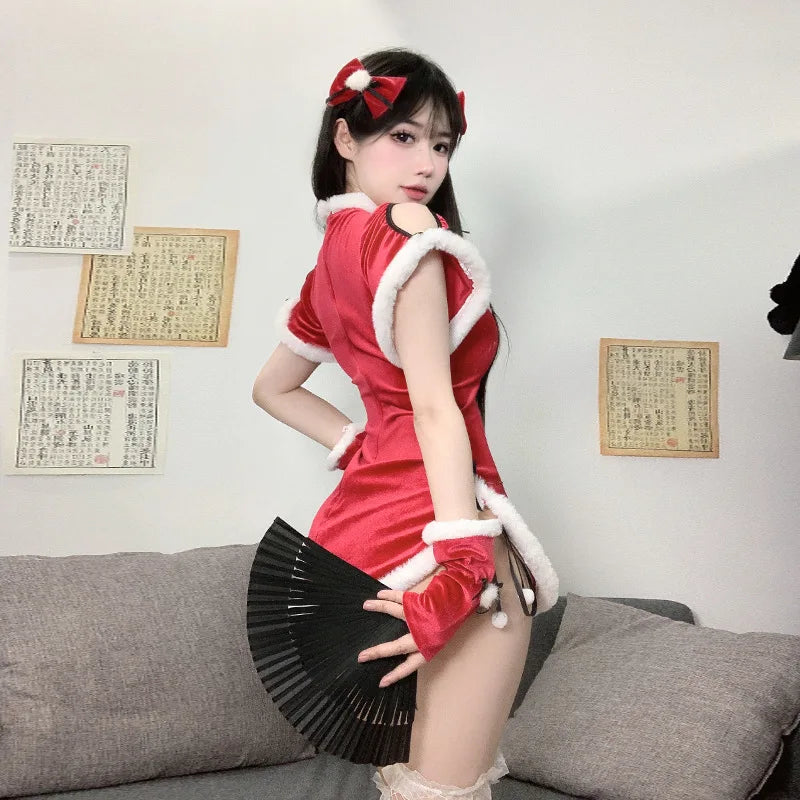 Vestido rojo de Navidad, disfraz de Papá Noel, uniforme de Año Nuevo, camisón de terciopelo para niña, ropa interior Sexy hueca para juego de rol para chica