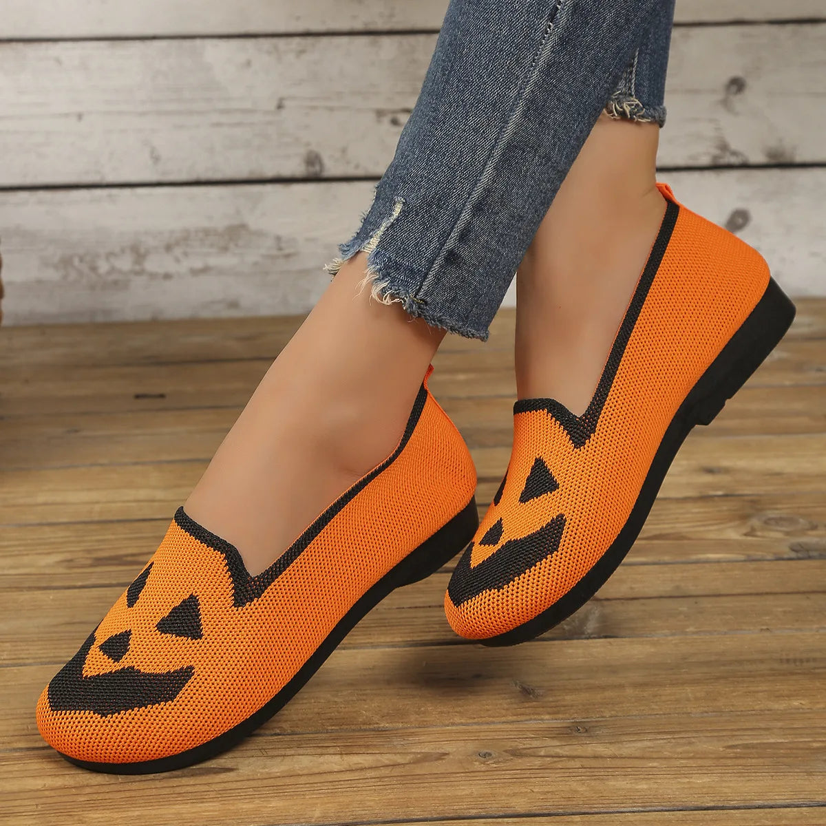 Women's Halloween Pumpkin Print Breathable Slip-On Flats