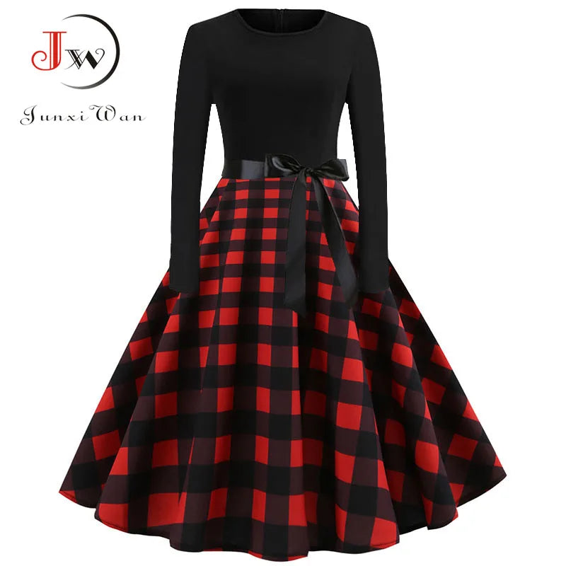 Vestidos de Navidad Mujer 50S 60S Vintage Swing Elegante Vestido de fiesta Manga larga Estampado casual Negro