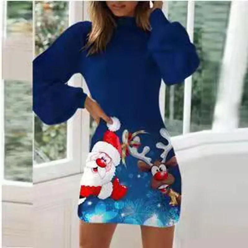 Vestido de fiesta con estampado navideño Vintage para mujer, moda de otoño, vestido de manga larga con cuello medio alto y farol, Vestidos ceñidos para mujer
