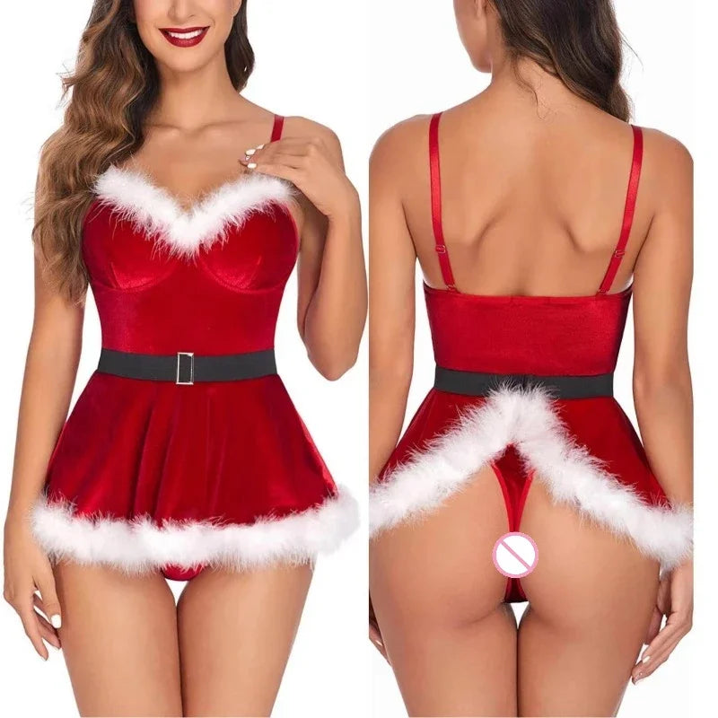 Disfraz de Papá Noel, trajes navideños para mujer, vestido rojo Sexy de Navidad, disfraz de Papá Noel de terciopelo, picardías de Navidad peludo