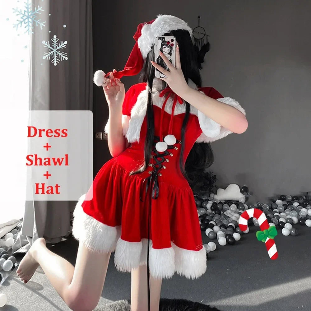 Nueva moda vestido de Navidad de terciopelo rojo disfraz Favor Navidad abrigo de Papá Noel fiesta de carnaval traje de Cosplay fiesta de vacaciones