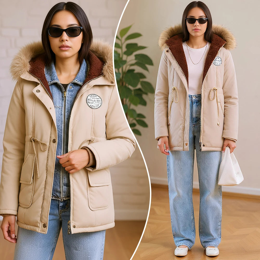Parka Coreana con Cuello de Piel Sintética
