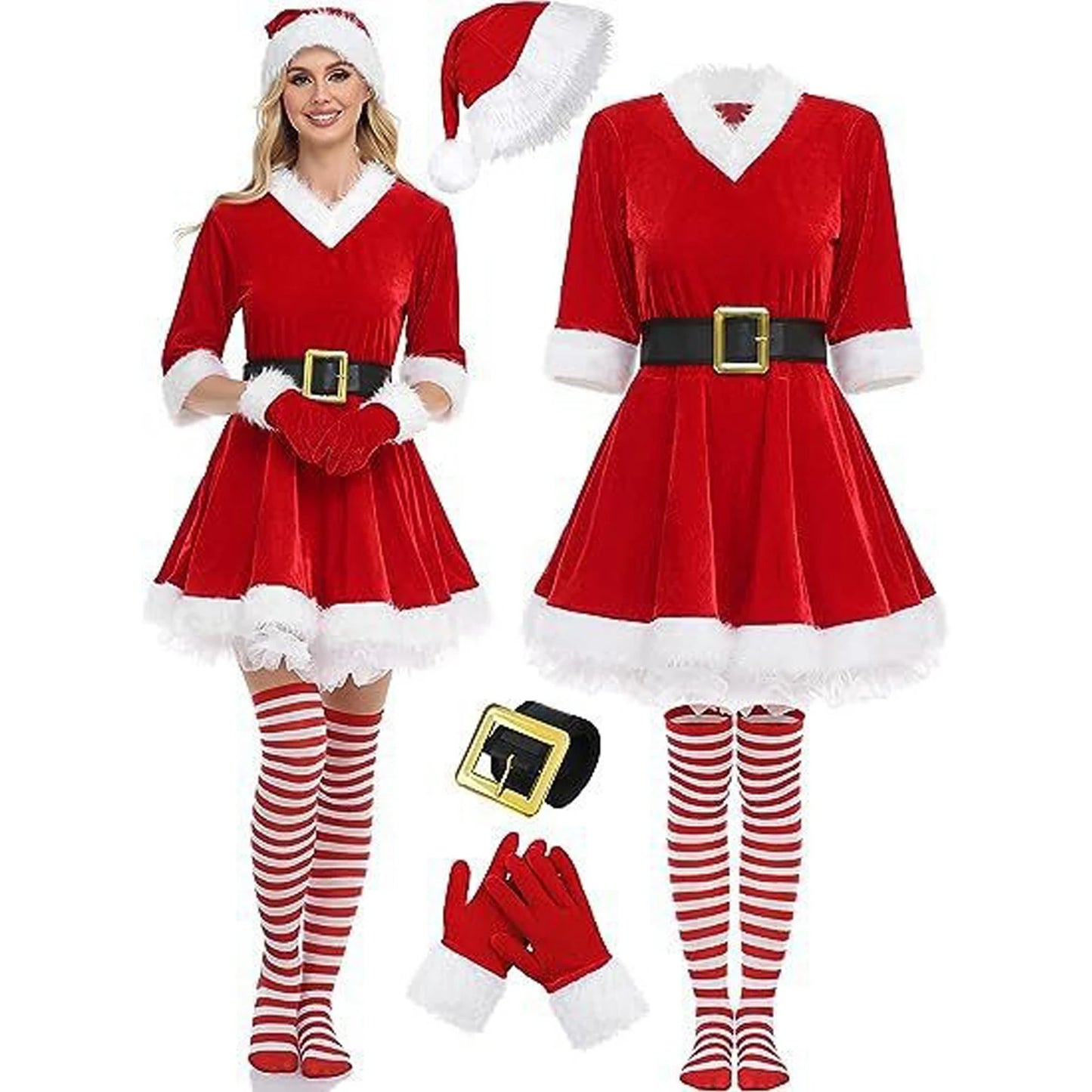 Vestido de Navidad para adultos Vestido de Navidad de terciopelo rojo Disfraz festivo/traje de fiesta (vestido de mujer + sombrero + guantes + calcetines + cinturón)