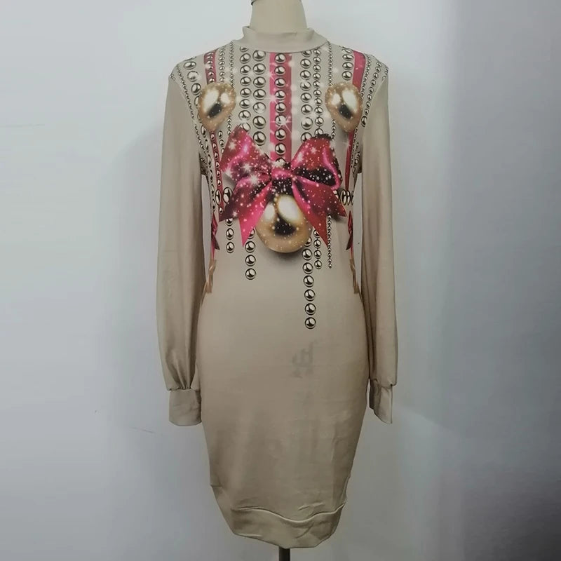 Vestido de fiesta con estampado navideño Vintage para mujer, moda de otoño, vestido de manga larga con cuello medio alto y farol, Vestidos ceñidos para mujer