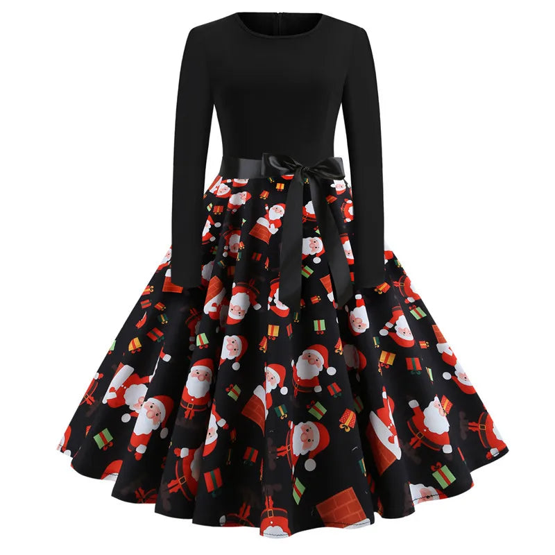 Vestidos de Navidad Mujer 50S 60S Vintage Swing Elegante Vestido de fiesta Manga larga Estampado casual Negro