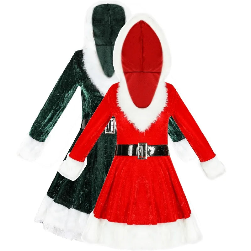 Vestido de Navidad para mujer, disfraz Sexy de Papá Noel con capucha y cuello en V, traje de fiesta de juegos de rol, vestido festivo para actuación en escenario con corbata en la cintura