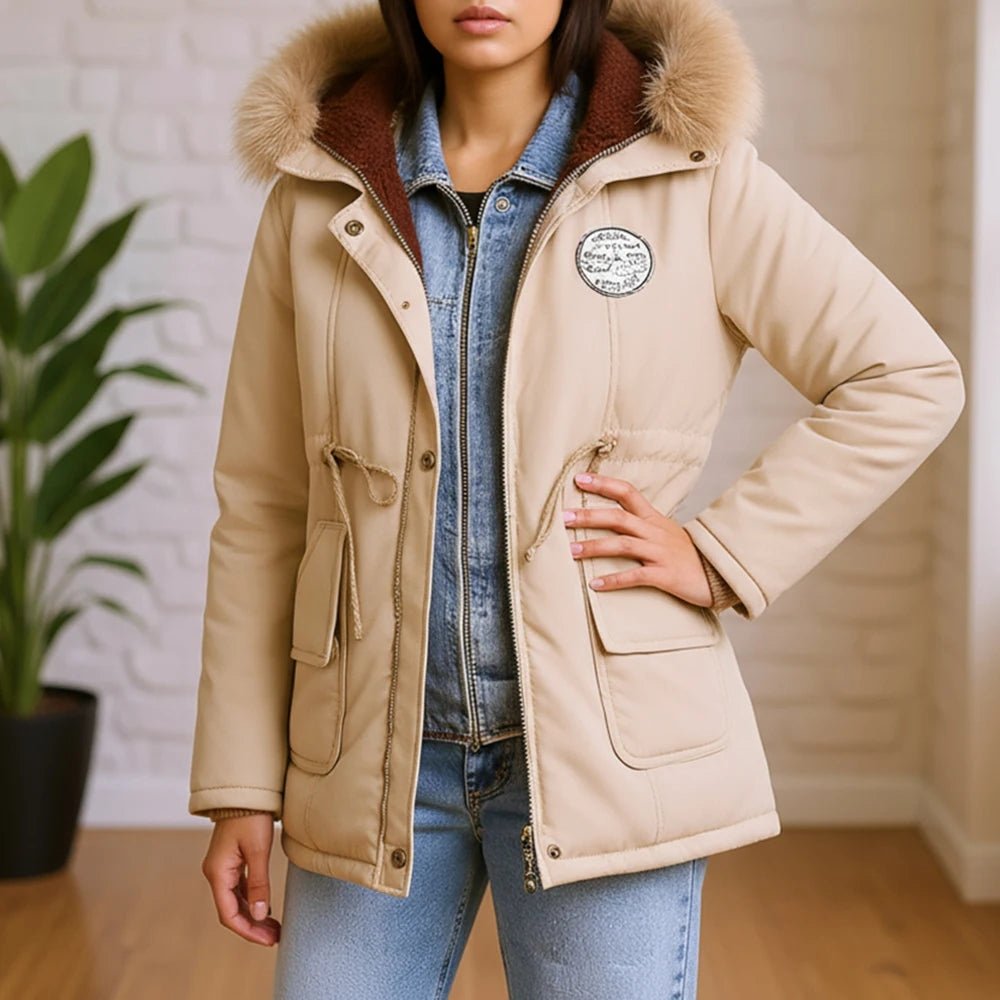 Parka Coreana con Cuello de Piel Sintética
