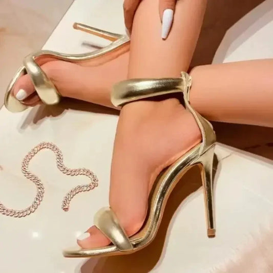 Sandalias de tacón alto fino para mujer, zapatos  boda dorados.